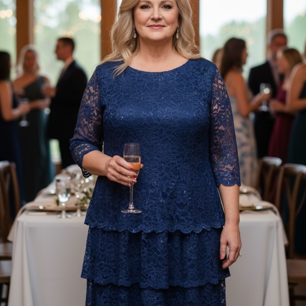 Alex Elegant Navy Lace Tiered Dress Mother Of The Bride Dress 18W 3/4 Sleeve